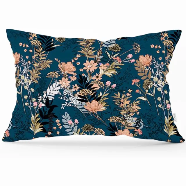 De Groen Home BLOEM Sierkussen velvet 30x50 cm - Bloemen op donkerbaluw - Inclusief binnenkussen - Fluweel Donkerblauw