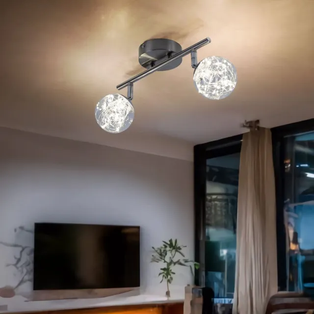 Globo Lighting Plafondlamp LED plafondspot LED 2 vlammen plafondlamp twee spots, draaibare glazen bollen met feeërieke lichtjes, 2x LED 3,5W 350Lm warm wit, L 30 cm zilver