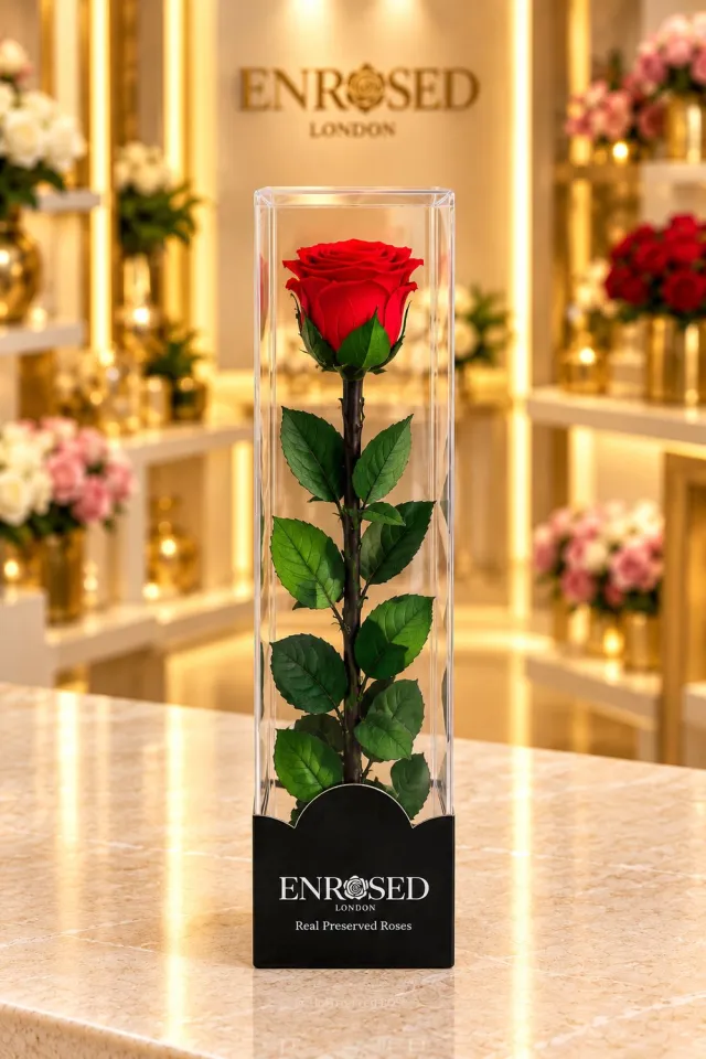 Enrosed London Roos Zijden - Zijden Rozen - Luxe giftbox - liefdescadeau - moederdag - Enrosed London - Kunst Bloem - Zijden Bloemen - Donkerrood - Stijlvolle Decoratie voor Woonkamer of Slaapkamer Rood met groen