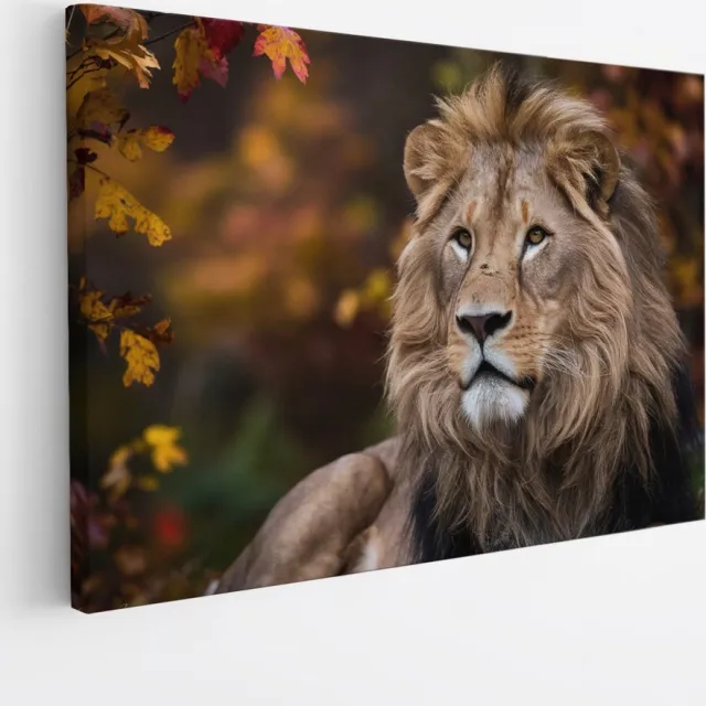 Saammp Canvas Schilderij - Leeuw tussen de herfst bladeren - Dieren - Natuur - 45x30 - Foto op canvas - Wanddecoratie - Muurdecoratie Woonkamer - Slaapkamer decoratie - Canvas Print Multicolor