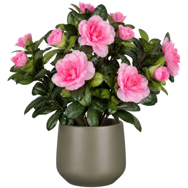 Mica Decorations Kunstplant - Azalea roze - H27 cm - in taupe bloempot - keramiek - complete set van pot en plant - decoratie stuk