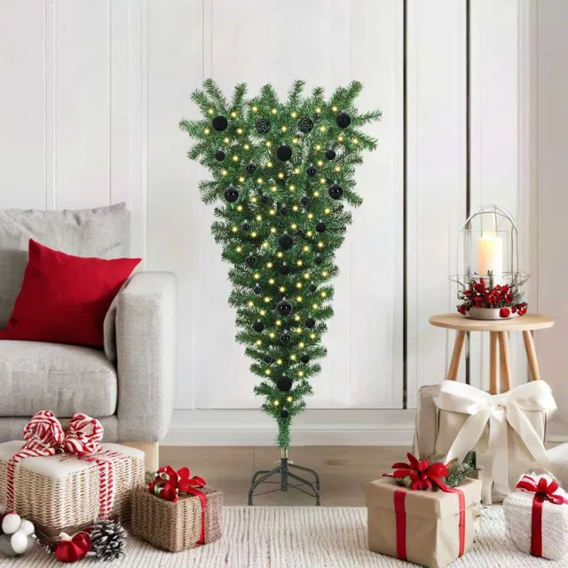 vidaXL Omgekeerde kunstmatige voorgelichte kerstboom met ballenset Groen