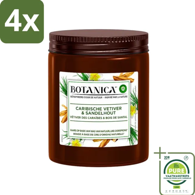 Air Wick Botanica by Air Wick - Geurkaars - Vetiver & Sandelhout - 40 Uur Brandduur - Voordeelverpakking - 4 stuks - Geurkaars - Sandelhout Bruin