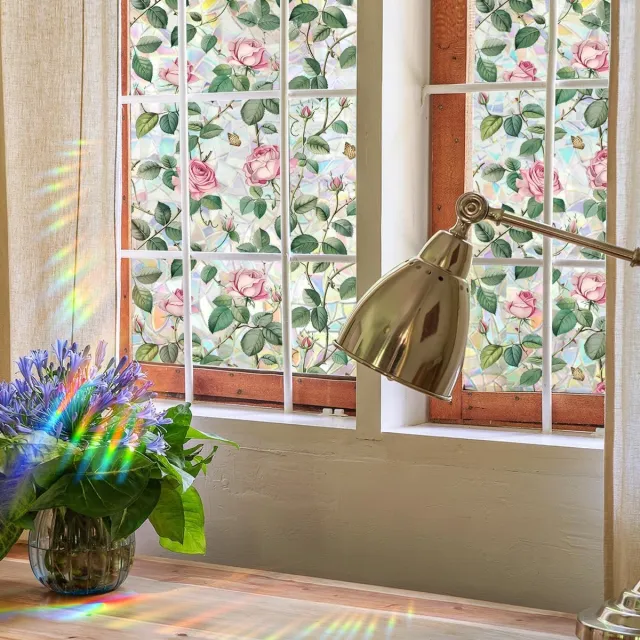 Cyslmuk 45x200cm Raamfolie Decoratieve - bloem raam privacyfolie - Roze roos - dubbelzijdige statische glas raamstickers, Stickers - voor huis, kantoor, woonkamer, badkamer, glazen raam 45x200cm - Roze roos