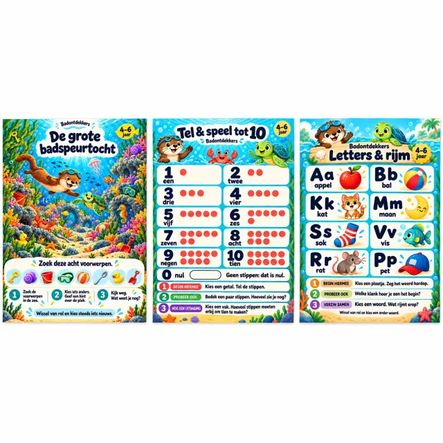 Badontdekkers educatieve Badposter set van 3 - Zoeken, tellen & vertellen – 4–6 jaar - A3 - Herplakbaar Multi colour