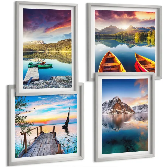 TULUP 4-Delige Schilderij Set - Rustige meren met berglandschap en boot - 40 x 40 cm en 40 x 60 cm - Decoratieve Schilderijen - Wanddecoratie - Hal - Woonkamer Decoratie Zilveren lijst
