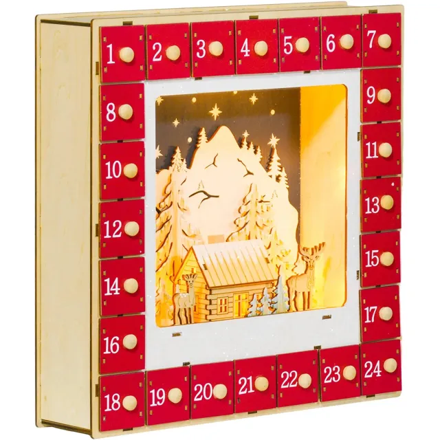 Marqs Adventskalender Leeg - Rood - Adventkalender - 2026 - 10 LED-lampjes - Herbruikbaar - Voorgemonteerd - 24 lades zelf vullen