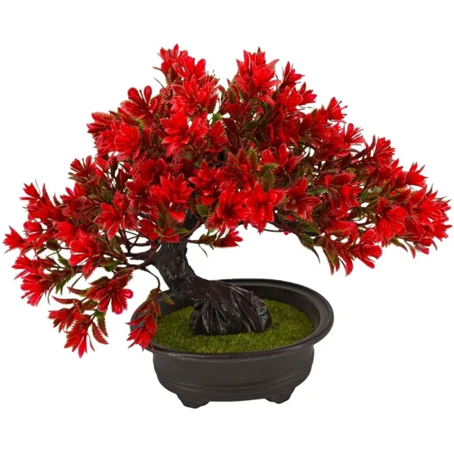NUVEX Rode kunstplant bonsai in zwarte pot – kunstmatige bonsai boom met rode bloemen en donkere stam – decoratieve nep plant voor woonkamer kantoor tafel kast vensterbank en woondecoratie Rood