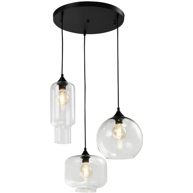 QUVIO Hanglamp retro - 3 lichtspunt - 3 verschillende glazen kappen - D 40 cm Zwart