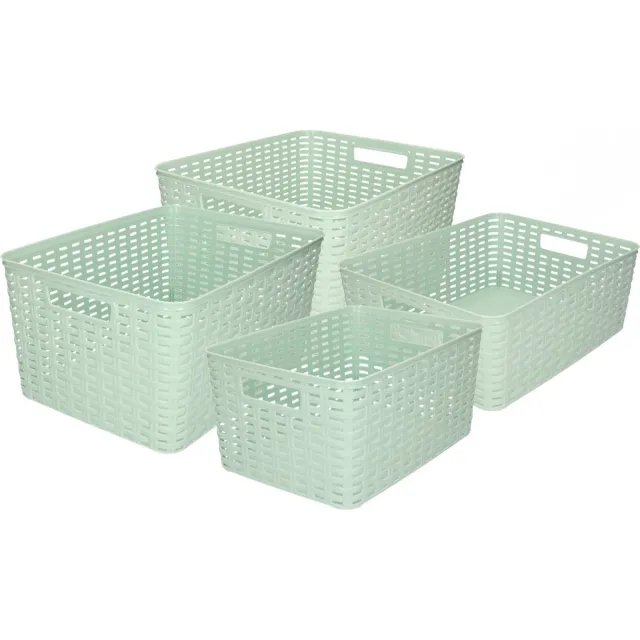 Forte Plastics Opbergboxen / opbergmandjes set - 4x stuks - rotan kunststof - groen - met inhoud 10/12/18/28 liter Mintgroen