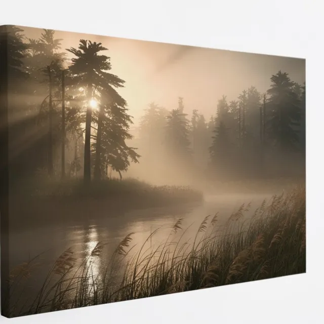 Saammp Canvas Schilderij - Water bij mistig Landschap - Natuur - 60x40 - Foto op canvas - Wanddecoratie - Muurdecoratie Woonkamer - Slaapkamer decoratie - Canvas Print Multicolor