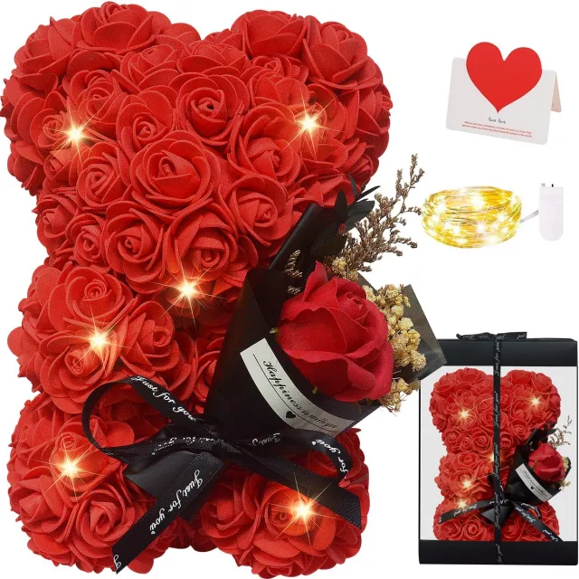 Ciskotu Roze beer, Rose Bear Teddy Flower met lampjes, het beste cadeau voor Valentijnsdag, verjaardagen, Moederdag, jubilea, inclusief transparante geschenkdoos en liefdeskaart Rood
