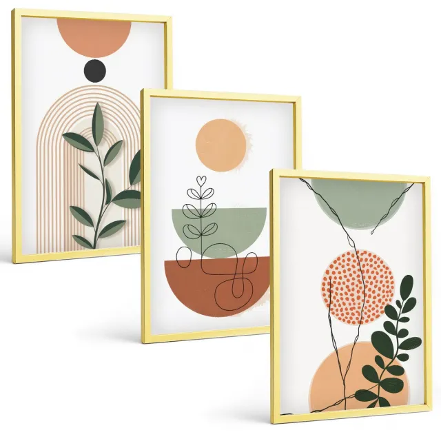 Coloray 3-Delige Schilderij Set - Charmante Straatjes Langs De Kust Met Bloemen En Fietsen. - 40 x 40 cm En 40 x 60 cm - Moderne Wanddecoratie - Woonkamer - Woonkamer Decoratie Gouden lijst