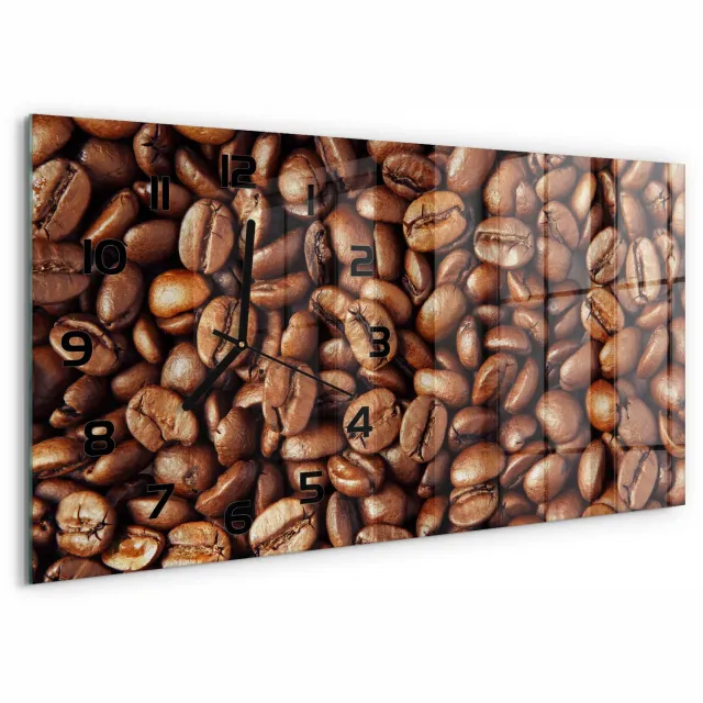 TULUP Wandklok - Koffiebonen Glazen Wandklok Design - 60x30 cm - Bruin Klok Glas Met Opdruk - Zwarte handen - Rechthoekige Klok - Wandklok Glas Met Motief - Decoratieve Glazen Klok