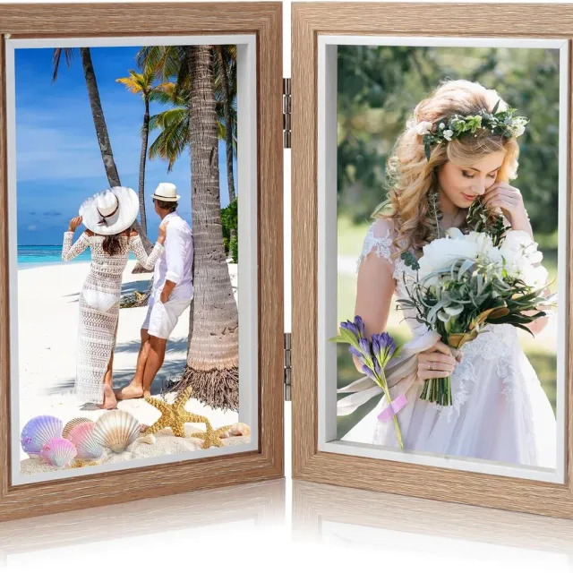 Famanu Fotolijst, opvouwbaar, houten fotolijst, inklapbare fotolijst, collage, 2 foto's, voor tafeltentoonstelling of geschenken, fotoformaat 2 x 10 x 15 cm WOOD GRAIN