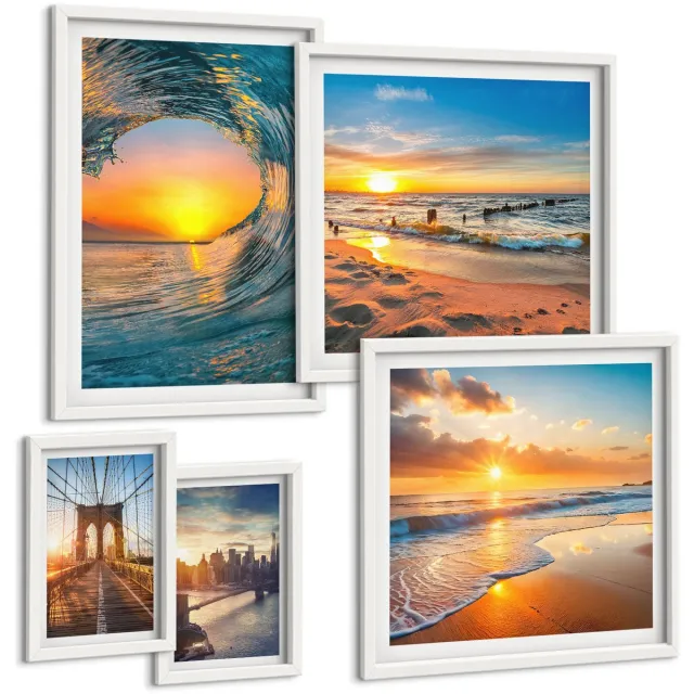 Coloray 5-Delige Schilderij Set - Uitzicht Op Zee, Zonsondergangen En Stadsbruggen - 50 x 50 cm, 20 x 30 cm En 40 x 60 cm - Stijlvolle Muurdecoratie - Kantoor Witte lijst