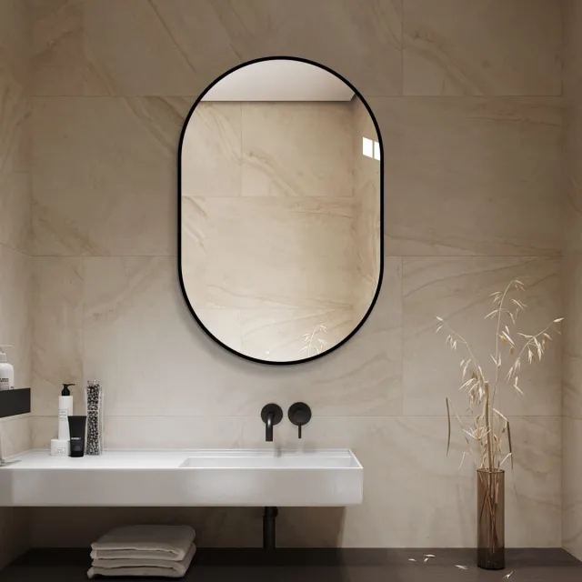MIVRAY Wandspiegel – Boogvormig 60 x 90 cm – Glas en Metaal – Zwart – Verticaal of Horizontaal voor Badkamer of Hal
