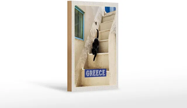 Femer Holzschild Reise 12x18cm Greece Griechenland weiße Treppe Katze Wit