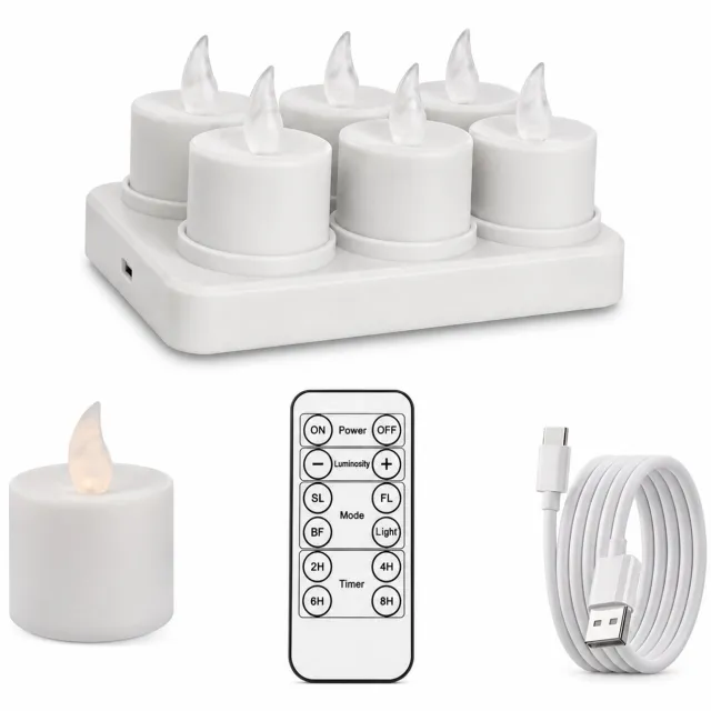 SWGOTA led kaarsen, set van 6 met gladde afwerking en warm licht, USB-C-oplaadbaar, met afstandsbediening, voet met 6 plaatsen en laadkabel Wit