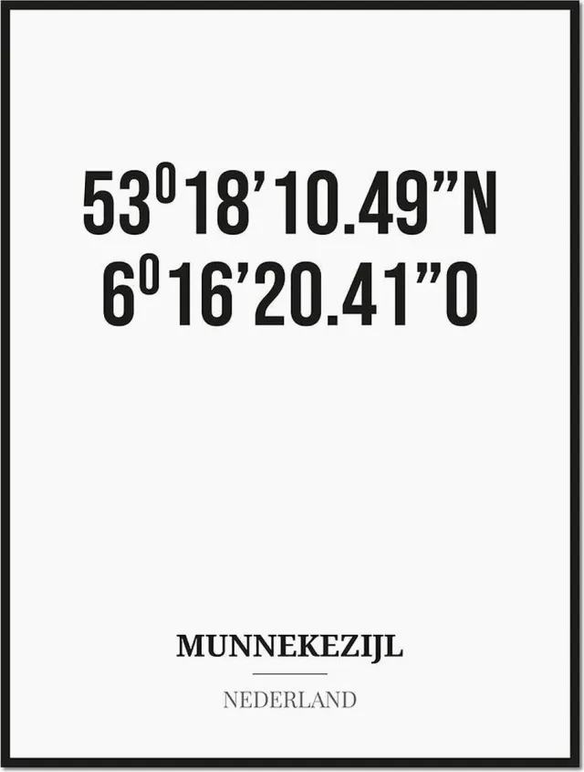 Studio216 Poster/kaart MUNNEKEZIJL met coördinaten zwart, wit