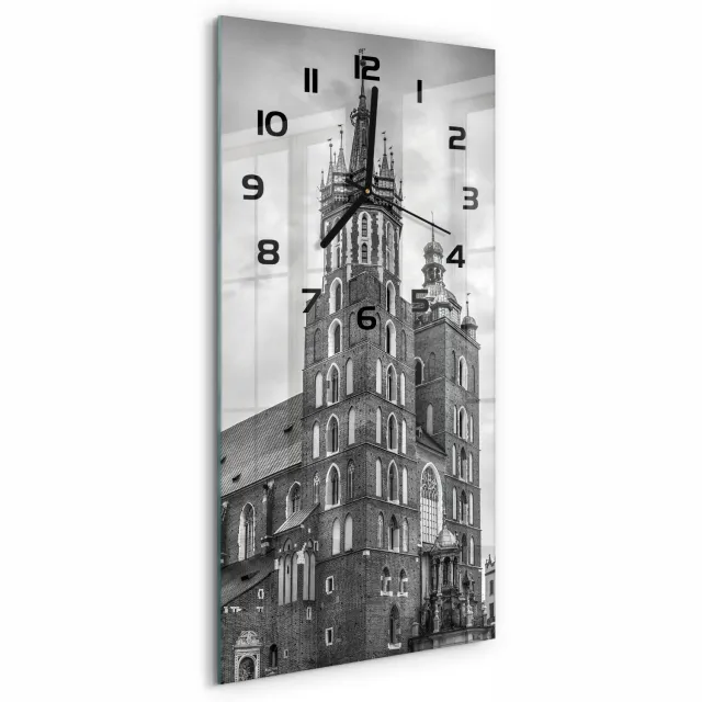 TULUP Wandklok - Krakau, Polen Glazen Klok Met Print - 30x60 cm - Zwart-wit Wandklok Glas Met Motief - Zwarte handen - Rechthoekige Klok - Wandklok Glas Decoratie - Gekleurde Glazen Klok