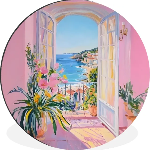 WallCircle Wandcirkel - Muurcirkel - Roze - Buiten - Verf - Aluminium - Dibond - 120x120 cm - Binnen en Buiten Strand - Balkon
