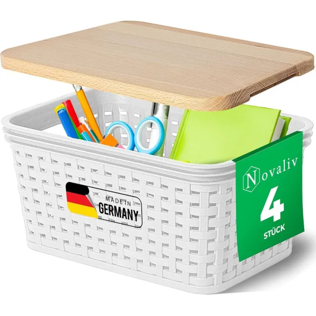 Novaliv set van 4 elegante opbergmanden met houten deksels in rotanlook | Wit voedselveilig plastic 2L? voor kantoor en thuis. Veelzijdige opbergdozen. Ideale opbergdoos