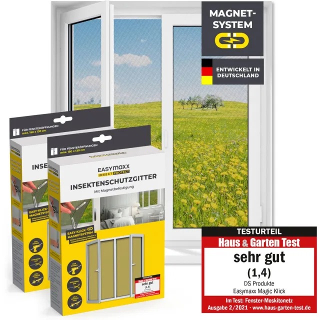 EasyMaxx Vliegenhor voor ramen met Magic Click | Muggengaas kan op maat geknipt worden voor alle ramen tot 150 x 130 cm | Eenvoudige installatie met 12 magneten - niet boren of schroeven, zwart, 2 stuks