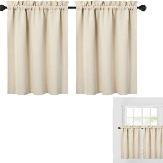 Danky Verduisterende korte gordijnen - Geïsoleerd - Verduisterend - Met gordijnroede - Geschikt voor keukens, badkamers, kleine ramen en campers - Beige 66 x 114 cm