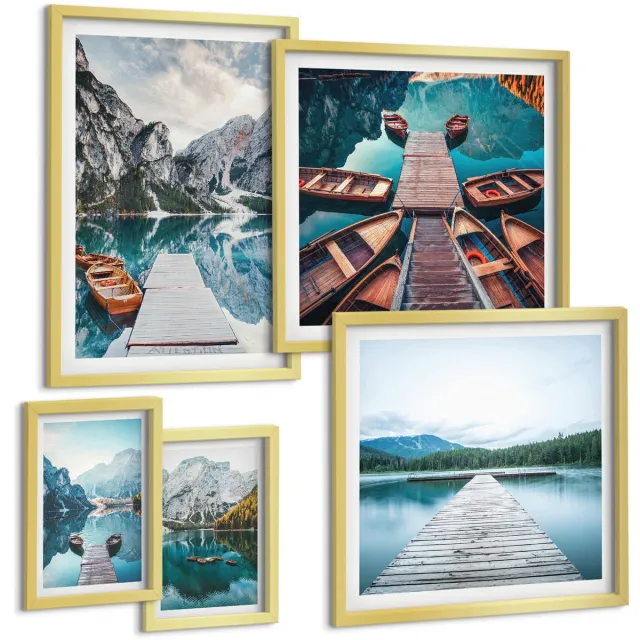 TULUP 5-Delige Schilderij Set - Berglandschappen met waterpaden en boten - 50 x 50 cm, 20 x 30 cm en 40 x 60 cm - Muurdecoratie - Wanddecoratie - Hal - Stijlvolle Muurdecoratie Gouden lijst