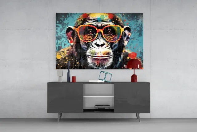 Insigne Art Glasschilderij – Colorful Urban Aap met Zonnebril - 72x46 cm Kleurrijk