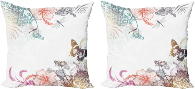 ABAKUHAUS Sierkussenhoes met libellemotief, set van 2, bloemen en kruid stijl, 40x40 cm, wit en veelkleurig