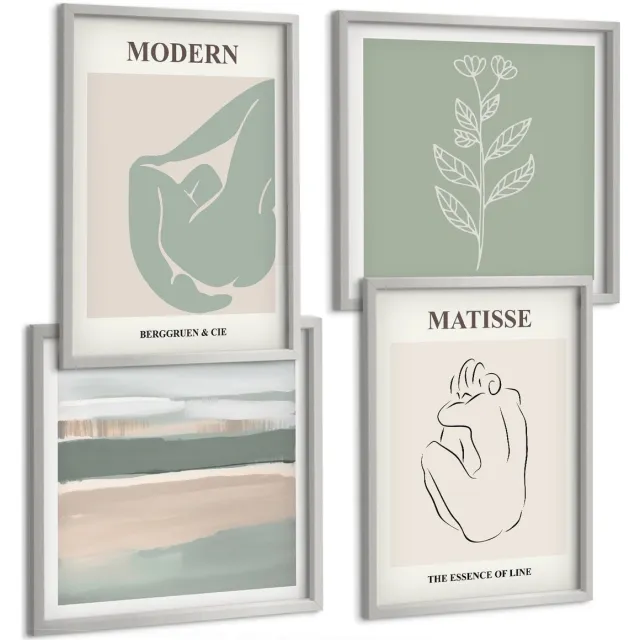 TULUP 4-Delige Schilderij Set - Abstracte vormen in pasteltinten met planten - 40 x 40 cm en 40 x 60 cm - Stijlvolle Wanddecoratie - Interieur - Decoratieve Schilderijen Zilveren lijst