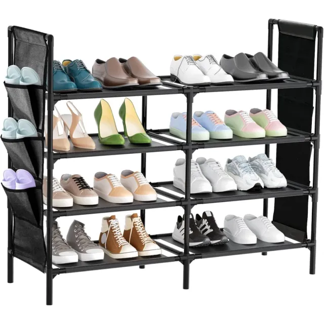 HOOMTAOOK Schoenenrek met 4 niveaus, stabiele schoenenkast met 6 zijvakken, schoenenopslag, metalen frame, planken van vliesstof, voor hal, slaapkamer en ingang, 76,9 x 28,9 x 89,9 cm Zwart