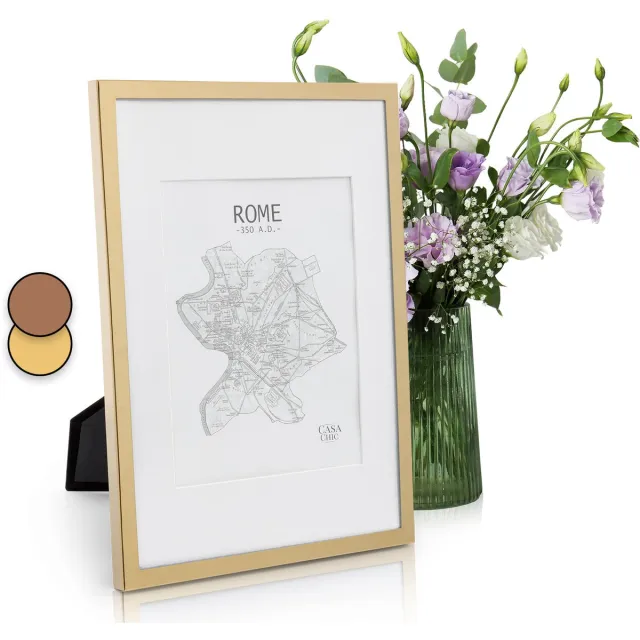 Casa Chic Fotolijst met passe-partout, 31x23cm fotolijst voor oorkonde & collage, Glazen fotolijst, Staand/wandmontage, Verticaal/horizontaal gebruik, Metalen fotolijst Antiek Gold Metallic