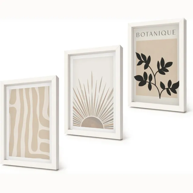 Coloray 3-Delige Schilderij Set - Abstracte patronen met plantenaccenten in neutrale tinten. - 20x30 - Wanddecoratie - Moderne Interieurdecoratie - Moderne Wanddecoratie Witte lijst
