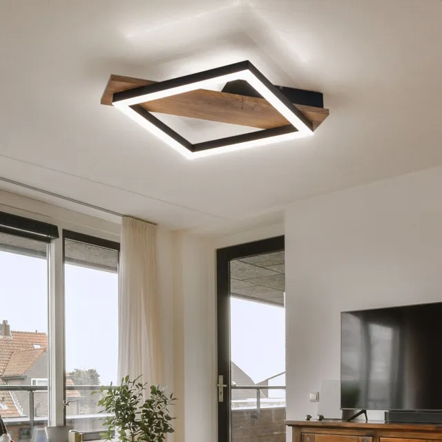 Globo LED plafondlamp design lamp woonkamerlamp eetkamerlamp keukenlamp, metaal hout look kunststof zwart, 12W 600lm 3000K warm wit, H 5,5 cm