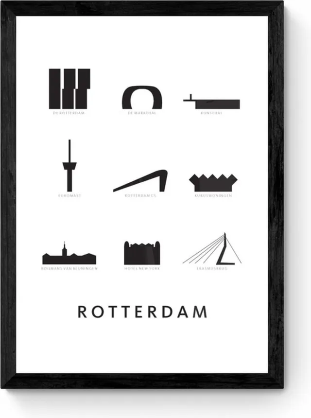 Kunst in Kaart Rotterdam - Architectuur Poster - Ingelijst Zwart, Wit