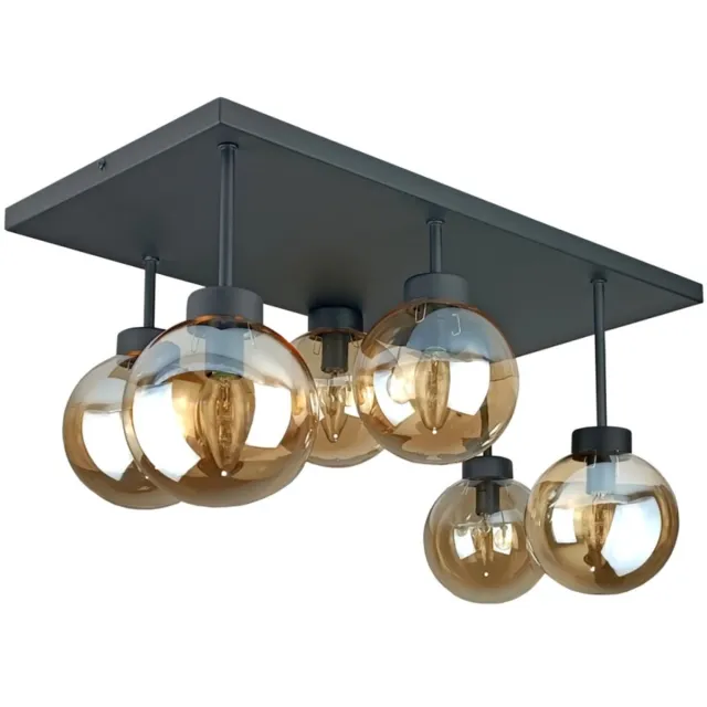 Keter Lighting Dea Black Honey Plafondlamp 6xE27 – Zwart Metaal & Amber Glazen Lampenkappen