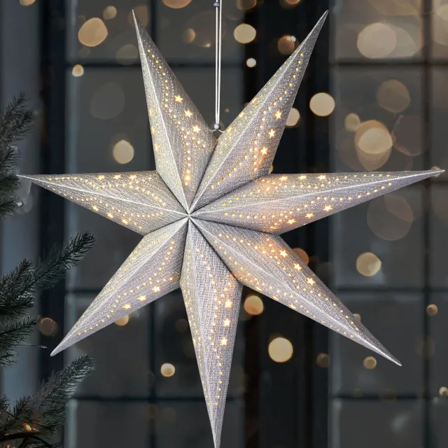 Brubaker 3D Kerstster om op te Hangen - LED Papieren Ster met Timer - 60 cm Adventster met Modern Patroon - Werkt op Batterijen en Verlicht - Kerstdecoratie Lichtster voor Venster - Zilver