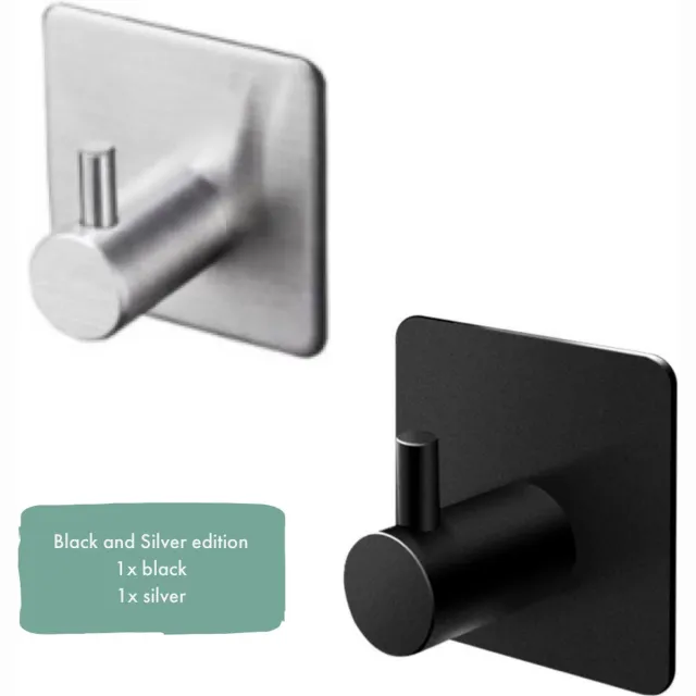 Eavy Zelfklevende Handdoekhaakjes – Set van 2 Handdoekhouders - Zwart & Zilver Zwart & RVS