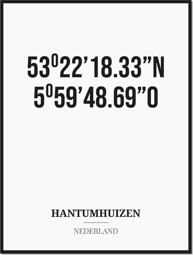 Studio216 Poster/kaart HANTUMHUIZEN met coördinaten zwart, wit