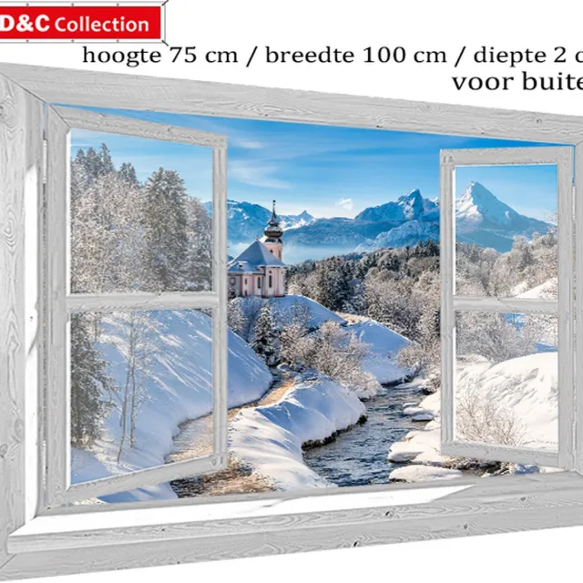 D&C Collection Kerst canvas doek voor buiten - 75x100x2 cm - kerst canvas voor buiten - tuindoek doorkijk romantisch sneeuwlandschap - kerkje - bergen - houten frame wit
