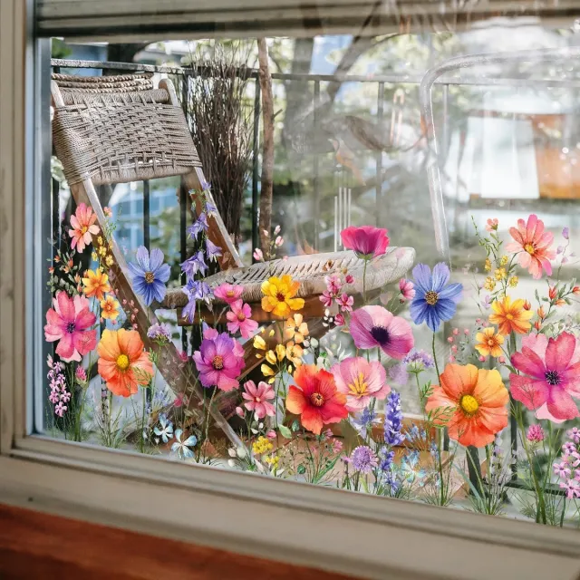 YAGXIG Tuinbloemen raamsticker - Raamsticker met wilde bloemen en gras voor deuren en ramen - Kleurrijke bloemen raamsticker - Statische hechting - Geschikt voor glas, woonkamers, ramen en andere wanddecoraties - 30*60 cm