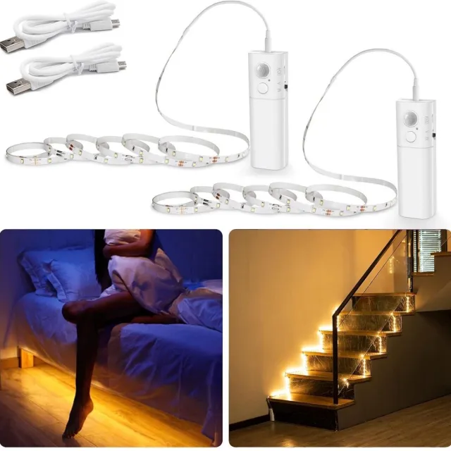 SSTRWGOOD LED-stripverlichting - 2 stuks - 2m - 3500K warm wit licht - Met bewegingssensor - USB oplaadbaar - Ingebouwde batterijen - Automatisch aan/uit - Draadloos - Zelfklevend - Magnetische batterijhouder - Geschikt voor kledingkasten, trappen