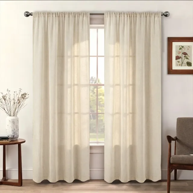 Floraweg Linnen, effectief, transparant gordijn met stangzak, halfdoorzichtig, biedt privacy en filtert het licht, raamdecoratie voor slaapkamer/woonkamer, 1 stuk, natuurlijke kleur beige