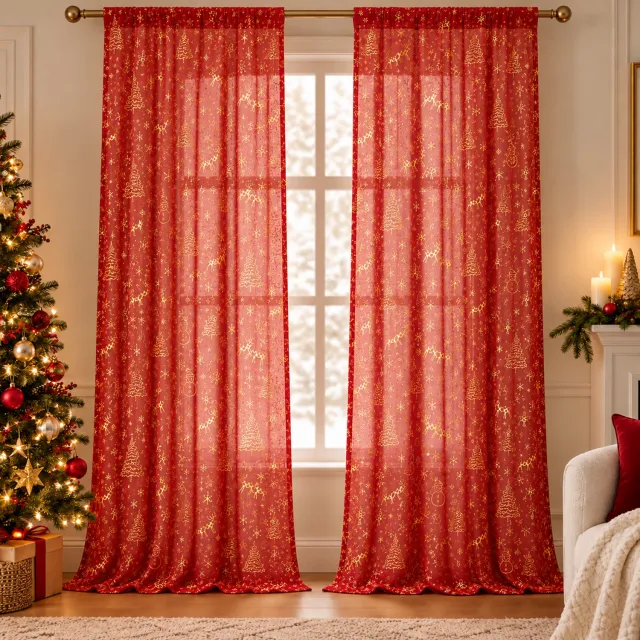 Qelus 2 Stuks Kerstgordijnen van Vitrage - Goudfolie met Sneeuwvlokken en Kerstmotieven - Transparant met Dubbele Tunnelzoom - Lichtdoorlatende Raamdecoratie voor Woonkamer en Keuken - Rood - 107 x 244 cm