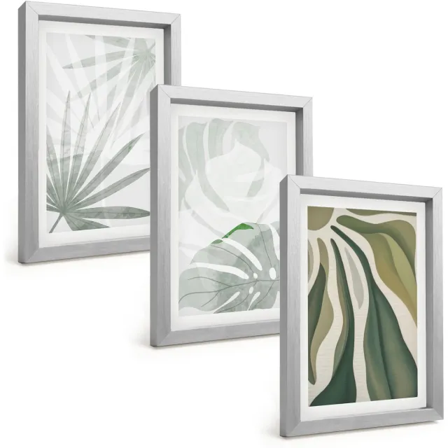 TULUP 4-Delige Schilderij Set - Plantenbladeren in tinten groen en grijs - 20 x 30 cm - Wanddecoratie - Muurdecoratie - Moderne Interieurdecoratie - Woonkamer Decoratie Zilveren lijst