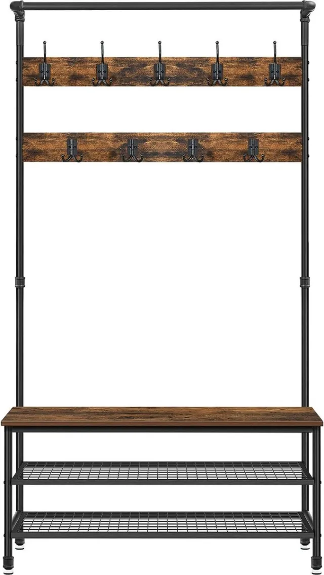 FurnStar Kapstok met schoenenrek - Garderobe in industriële stijl - Bankje - 9 haken - Schoenenrek - Robuust metalen frame - 97 x 41.5 x 182 cm - Bruin-zwart Bruin - zwart