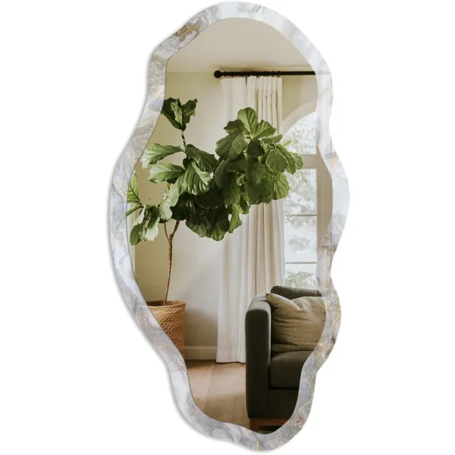 TULUP Marmerpatroon Spiegel - Grijs Elegante Rechthoekige Wandspiegel - Organische Spiegel - Badkamer, Woonkamer, Kantoor - Minimalistisch - 45x90 cm - Totale afmeting 52x97 cm MarmerpatroonPatroon, Grijs